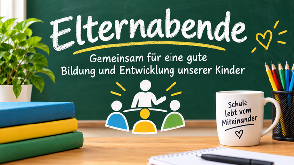 Der Text auf einer Tafel informiert über Elternabende zur Bildung und Entwicklung von Kindern, umgeben von Schulmaterialien.
