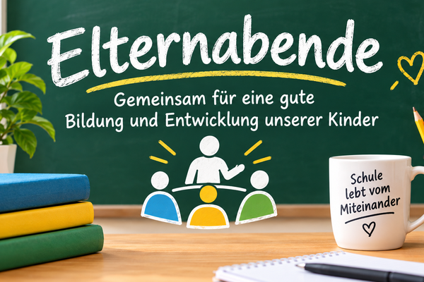 Der Text auf einer Tafel informiert über Elternabende zur Bildung und Entwicklung von Kindern, umgeben von Schulmaterialien.